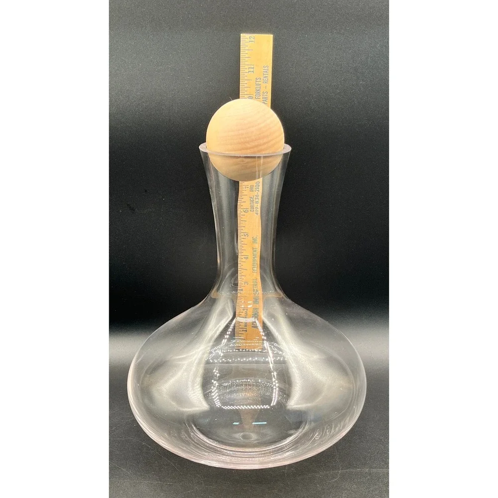 Clear Glass Wine Decanter Spherical-Wood‎ Stopper Wide Base Carafe 10